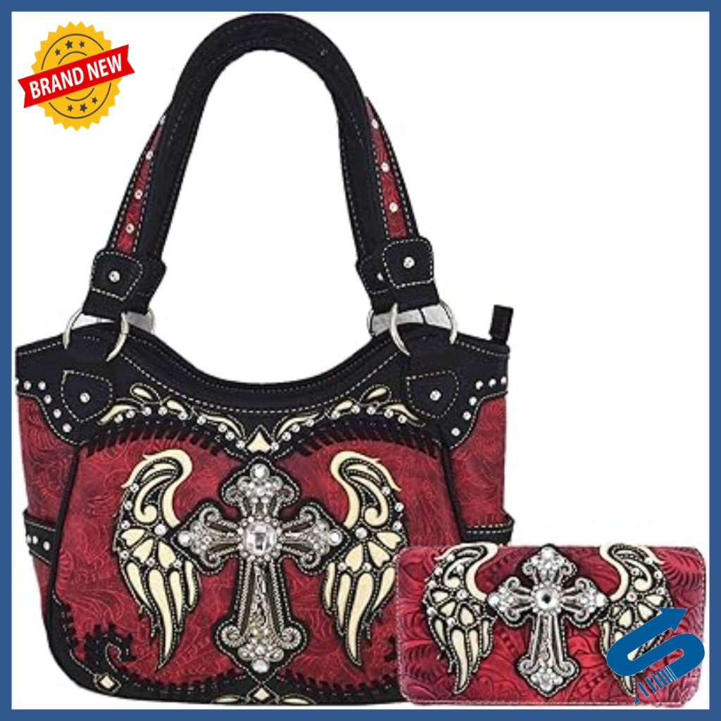 Western Tooled Leather Shoulder Bag With Wallet Set, Rhinestone Cross Studded